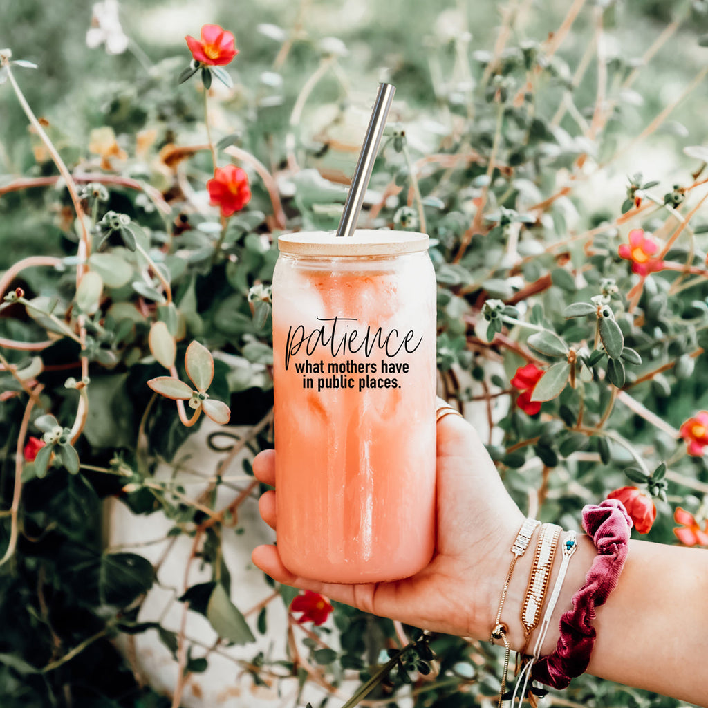 17oz Glass Tumbler With Bamboo Lid And 2 Stainless Straws, Mom Humor