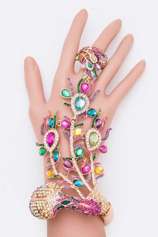 Peacock Crystal Statement Palm Bracelet Multicolor Elegant