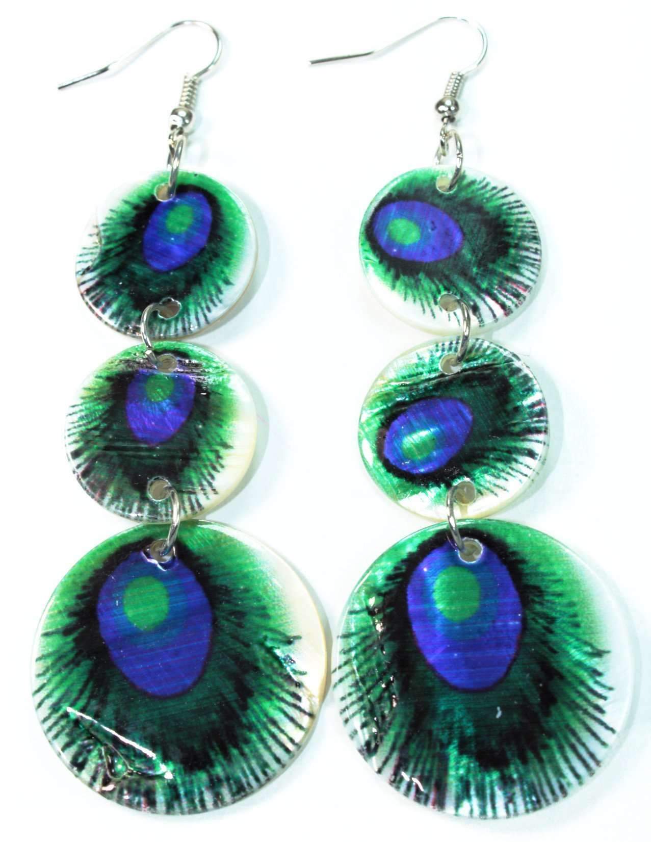 Peacock Feather Mother Of Pearl Three Tier Earrings