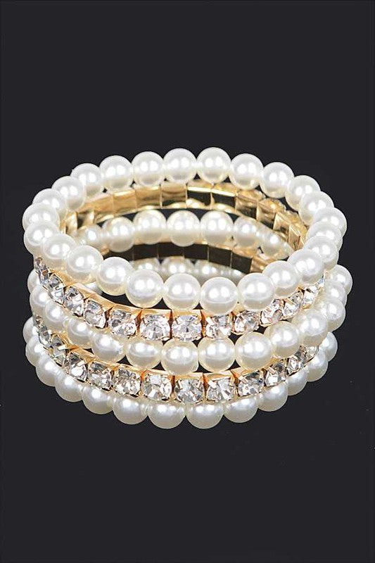 Pearl Rhinestone Stretch Bracelet Set 5 Pc Convertible