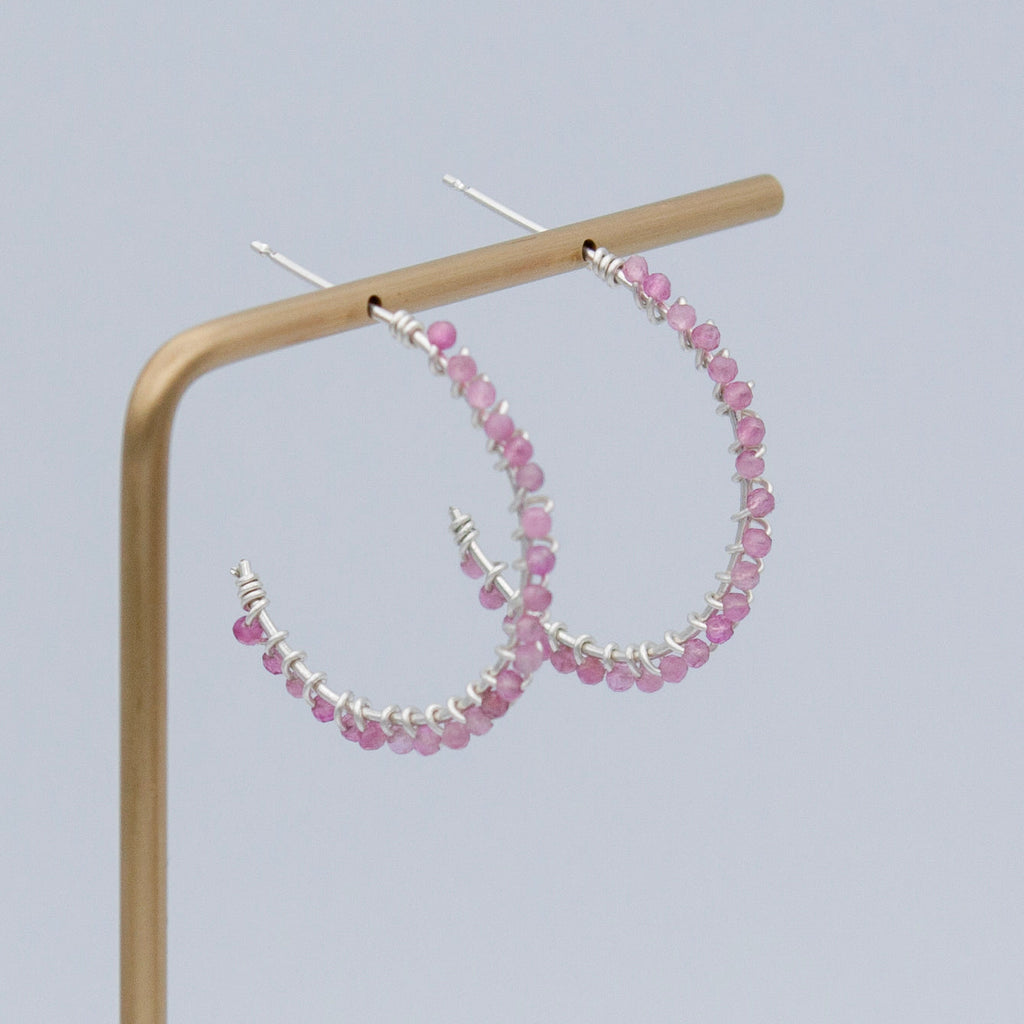 Pink Tourmaline Sterling Silver Hoop Earrings Petite