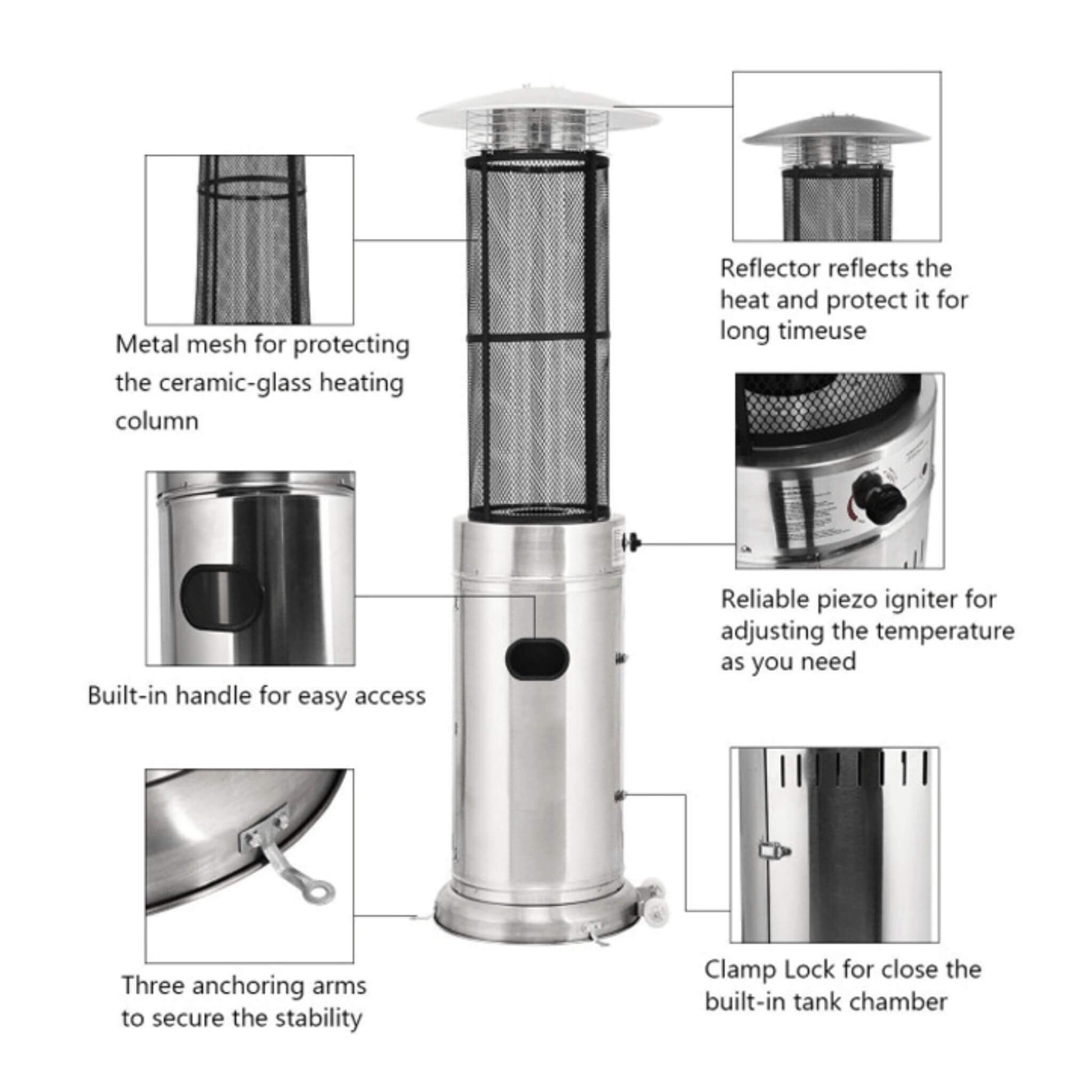 Portable Cylindrical Freestanding Outdoor Round Glass Tube Propane Patio Heater, 41K BTU (SAK93913)