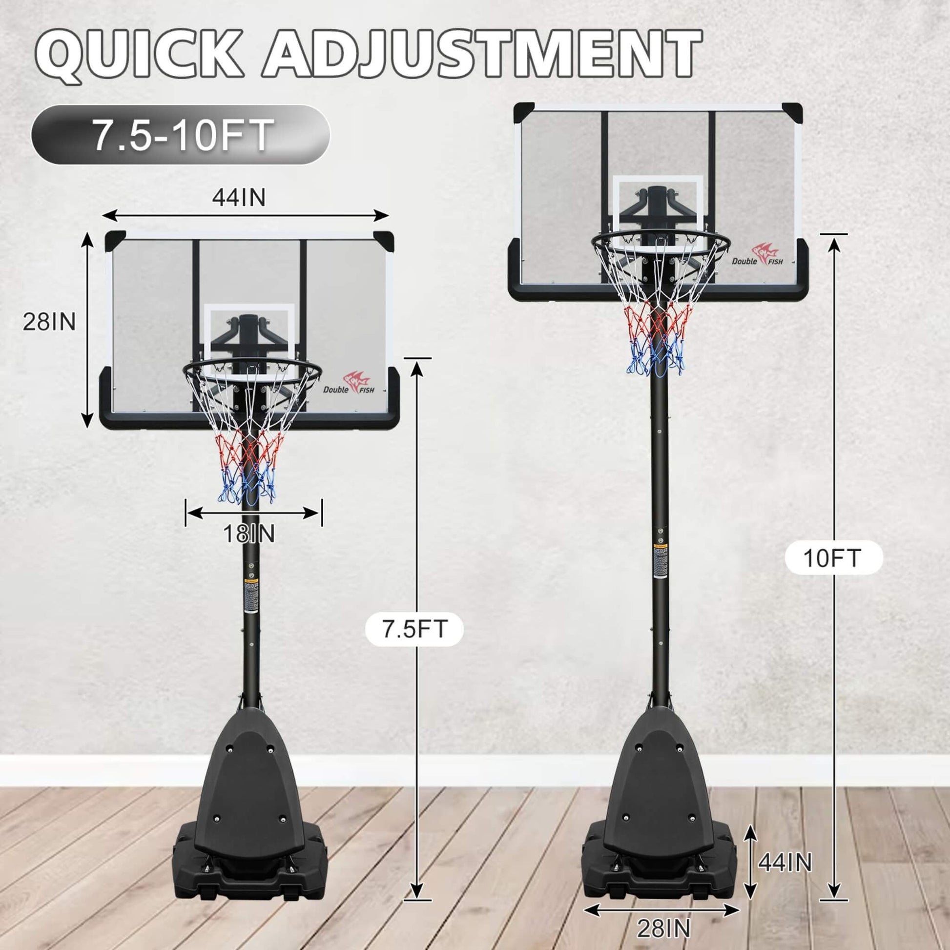 Portable Outdoor All-Weather Height Adjustable Basketball Hoop With 44-Inch Backboard And Wheels, 10FT (SAK58741)