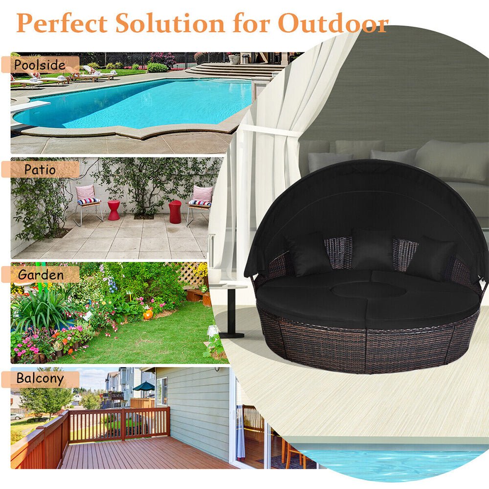 Alora Premium Black Outdoor Patio Rattan Daybed Sofa W/ Adjustable Table Top, Canopy & 3 Pillows, 76'' (92534186)