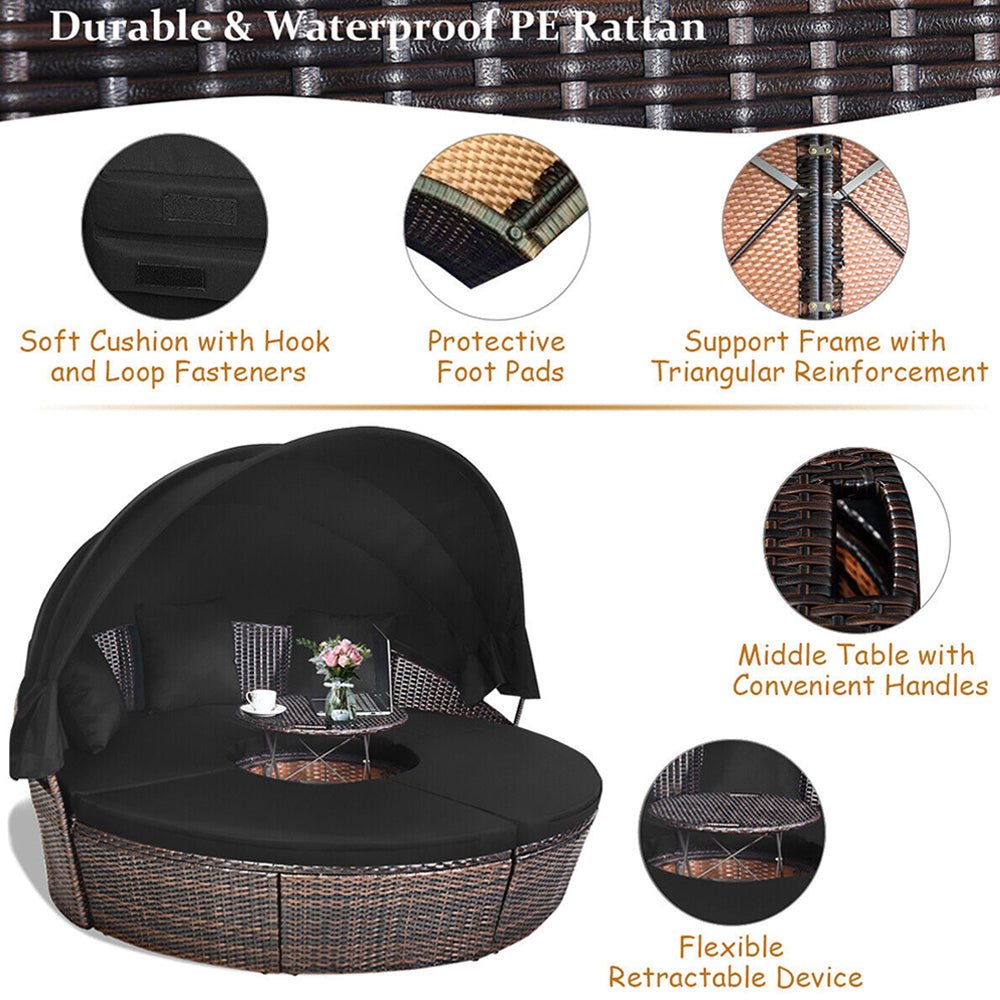 Alora Premium Black Outdoor Patio Rattan Daybed Sofa W/ Adjustable Table Top, Canopy & 3 Pillows, 76'' (92534186)