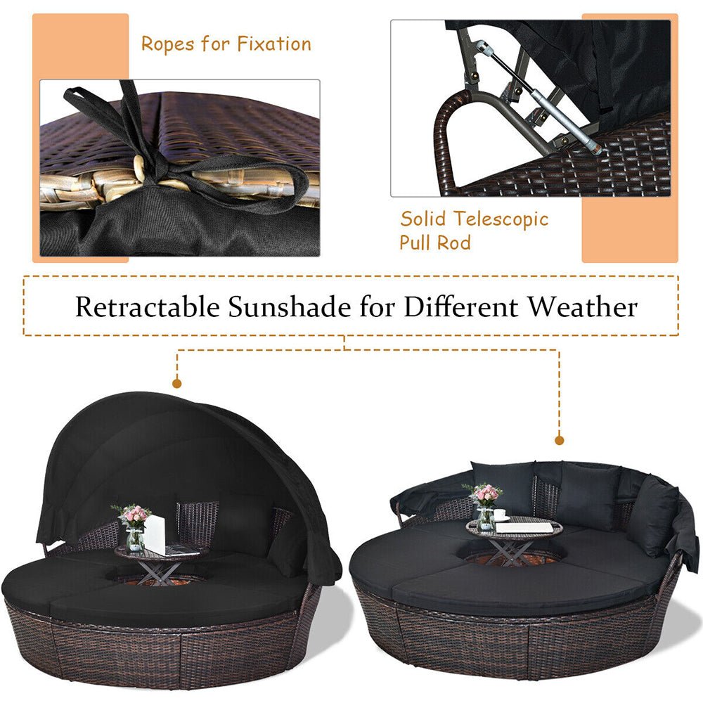 Alora Premium Black Outdoor Patio Rattan Daybed Sofa W/ Adjustable Table Top, Canopy & 3 Pillows, 76'' (92534186)