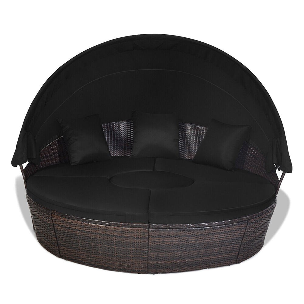 Alora Premium Black Outdoor Patio Rattan Daybed Sofa W/ Adjustable Table Top, Canopy & 3 Pillows, 76'' (92534186)
