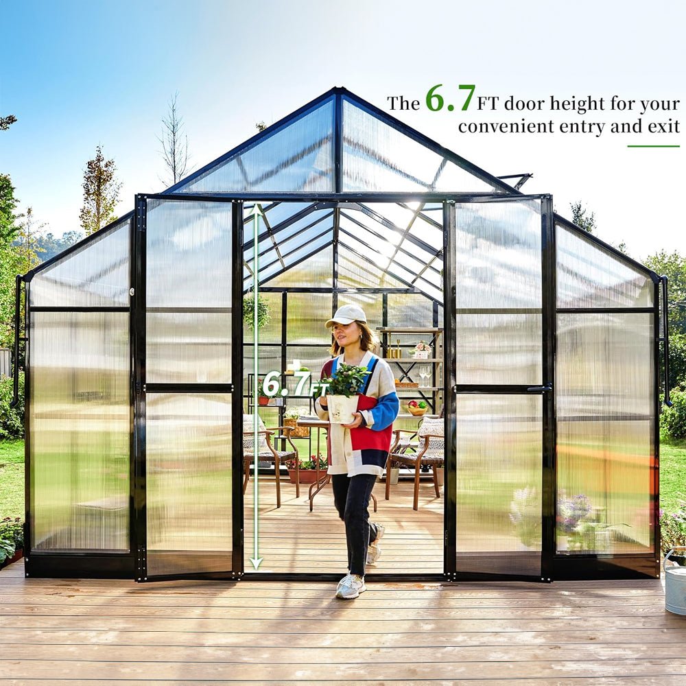 [12X13.5FT] Premium Large Outdoor Double Door Aluminum Polycarbonate Greenhouse With Quick Connect Fitting (SAK58420)