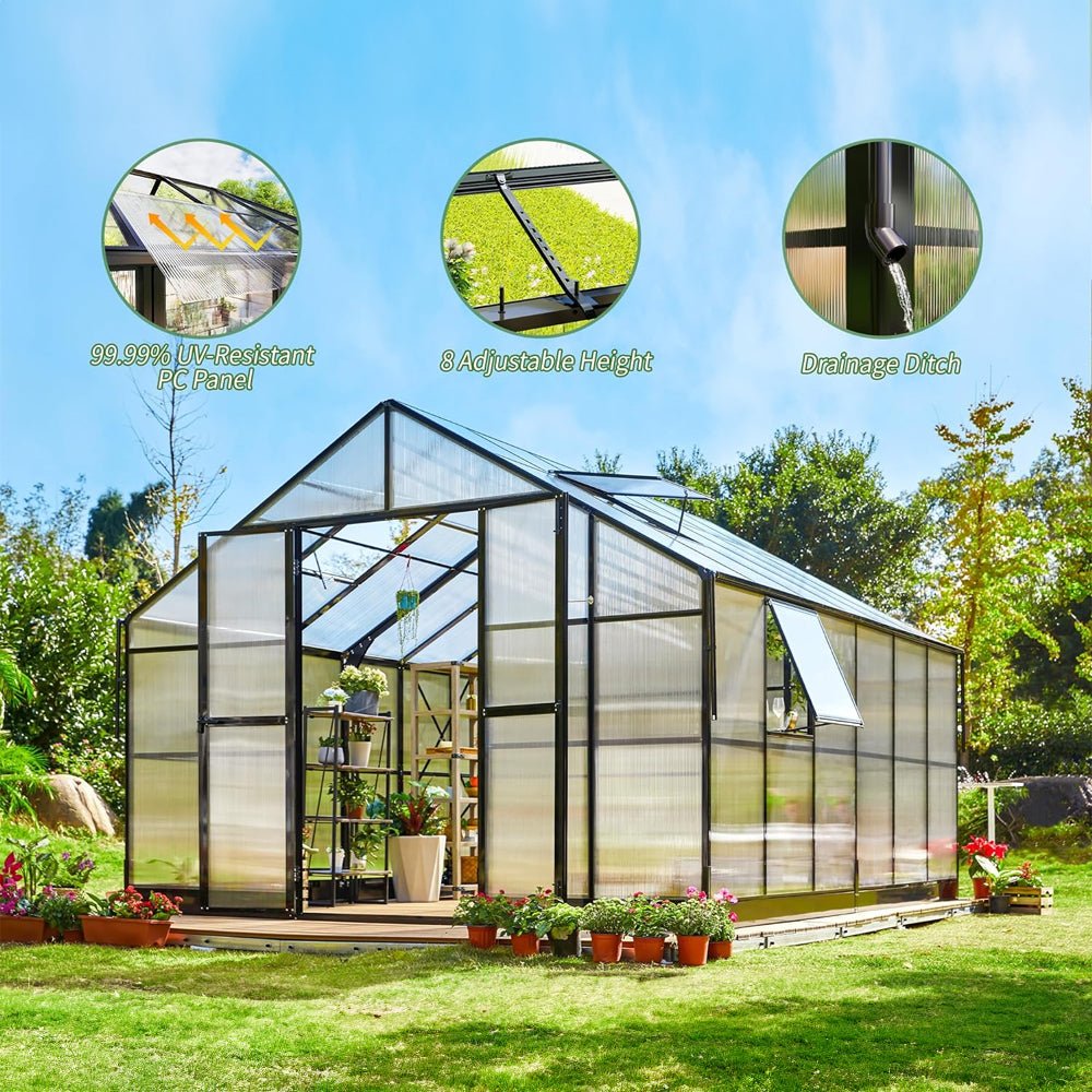 [12X13.5FT] Premium Large Outdoor Double Door Aluminum Polycarbonate Greenhouse With Quick Connect Fitting (SAK58420)