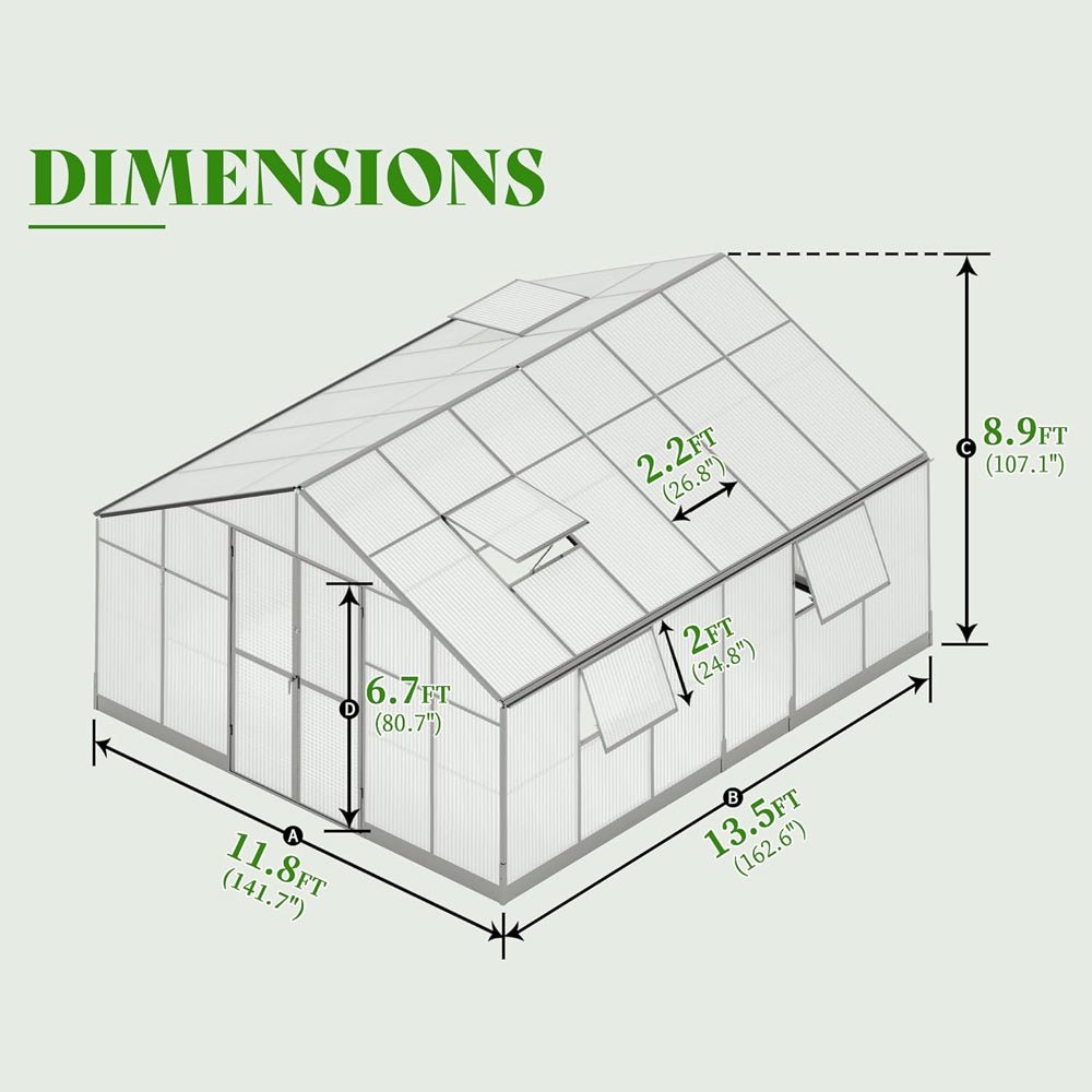 [12X13.5FT] Premium Large Outdoor Double Door Aluminum Polycarbonate Greenhouse With Quick Connect Fitting (SAK58420)
