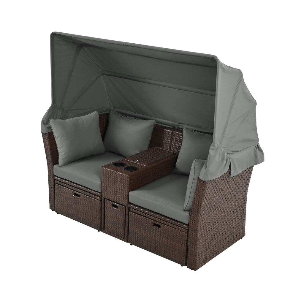Alora Premium Outdoor 2-Seater Patio Daybed With Foldable Awning, Cushions, And Rattan Frame (SAK90233)