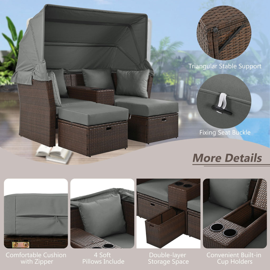 Alora Premium Outdoor 2-Seater Patio Daybed With Foldable Awning, Cushions, And Rattan Frame (SAK90233)