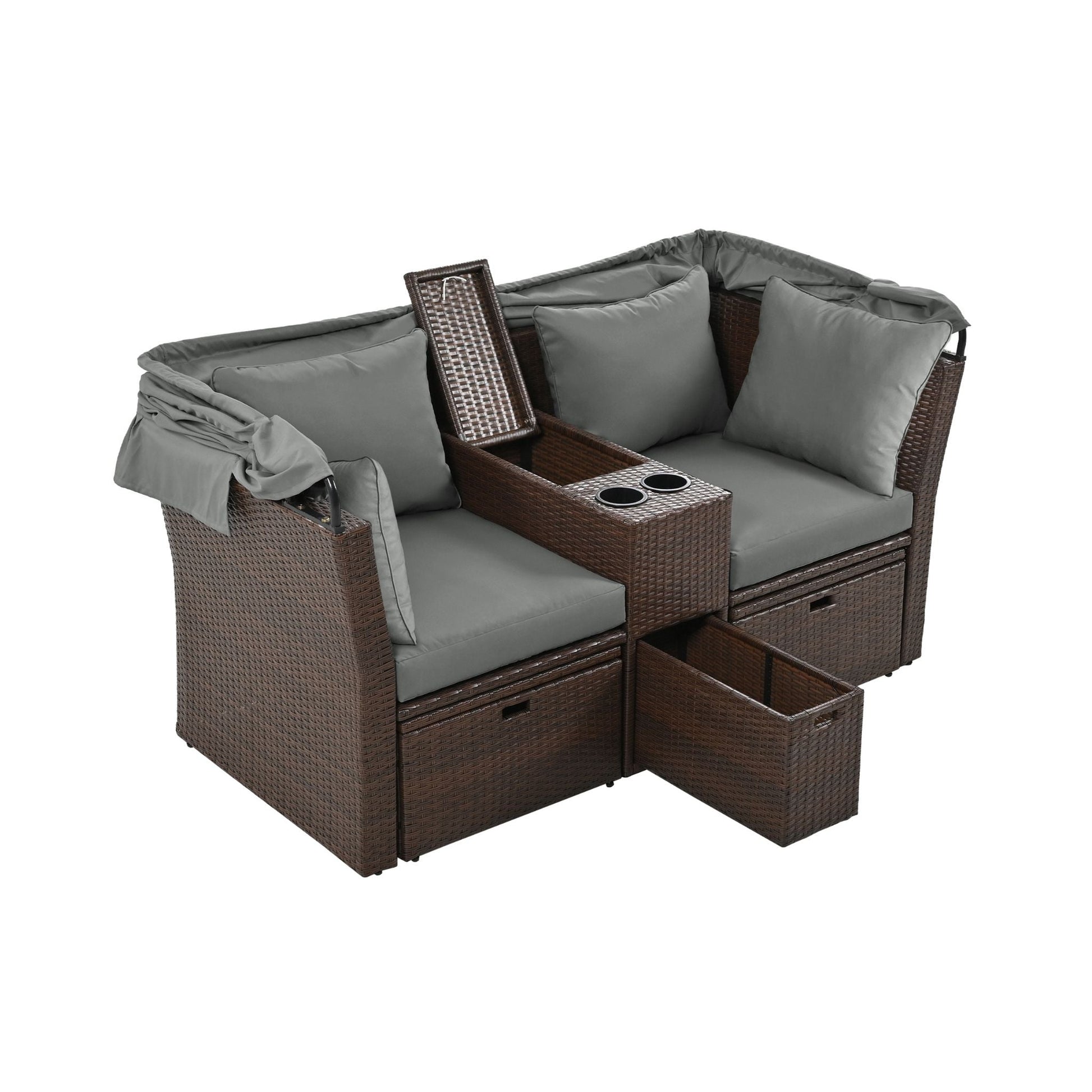 Alora Premium Outdoor 2-Seater Patio Daybed With Foldable Awning, Cushions, And Rattan Frame (SAK90233)