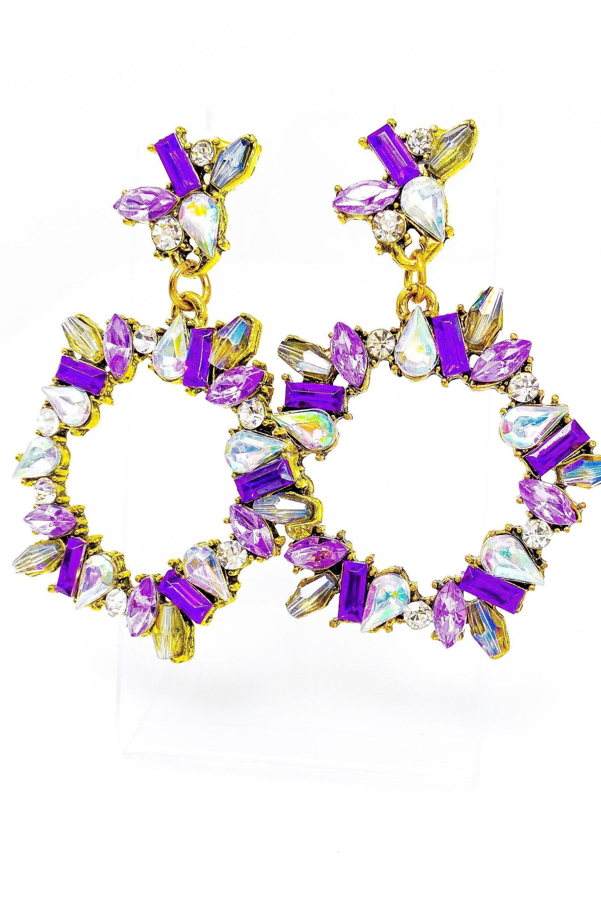 Purple Crystal Dangle Hoop Earrings With Gemstone Accent