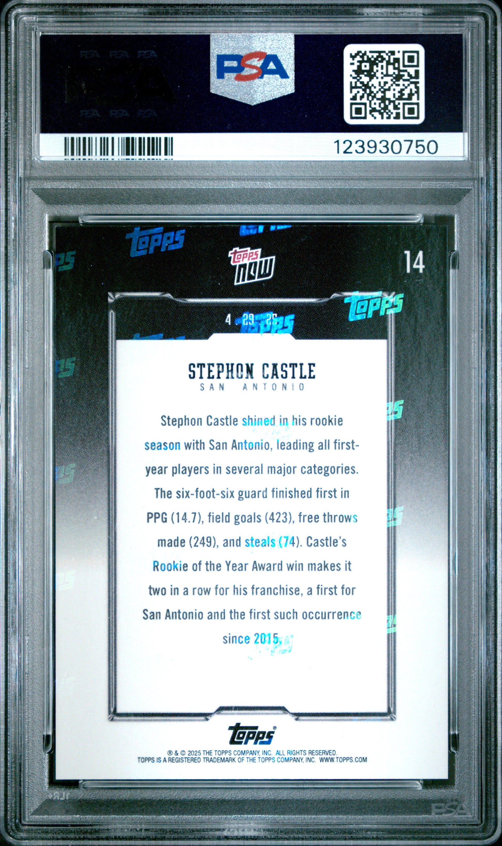 Graded 2024 Topps Now Stephon Castle #14 Rookie RC Basketball Card PSA 10 Gem Mint