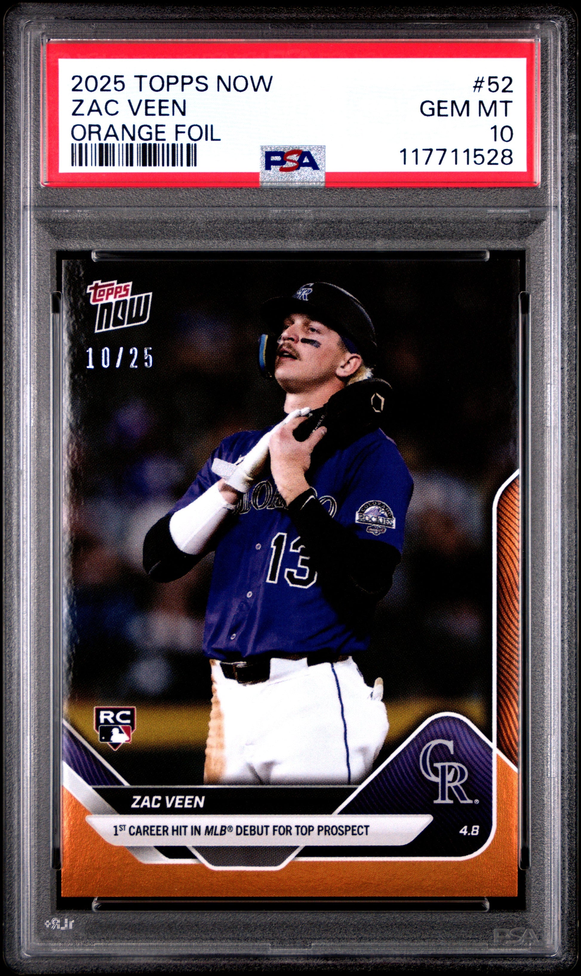 Graded 2025 Topps Now Zac Veen #52 Orange Foil /25 Rookie RC Baseball Card PSA 10 Gem Mint