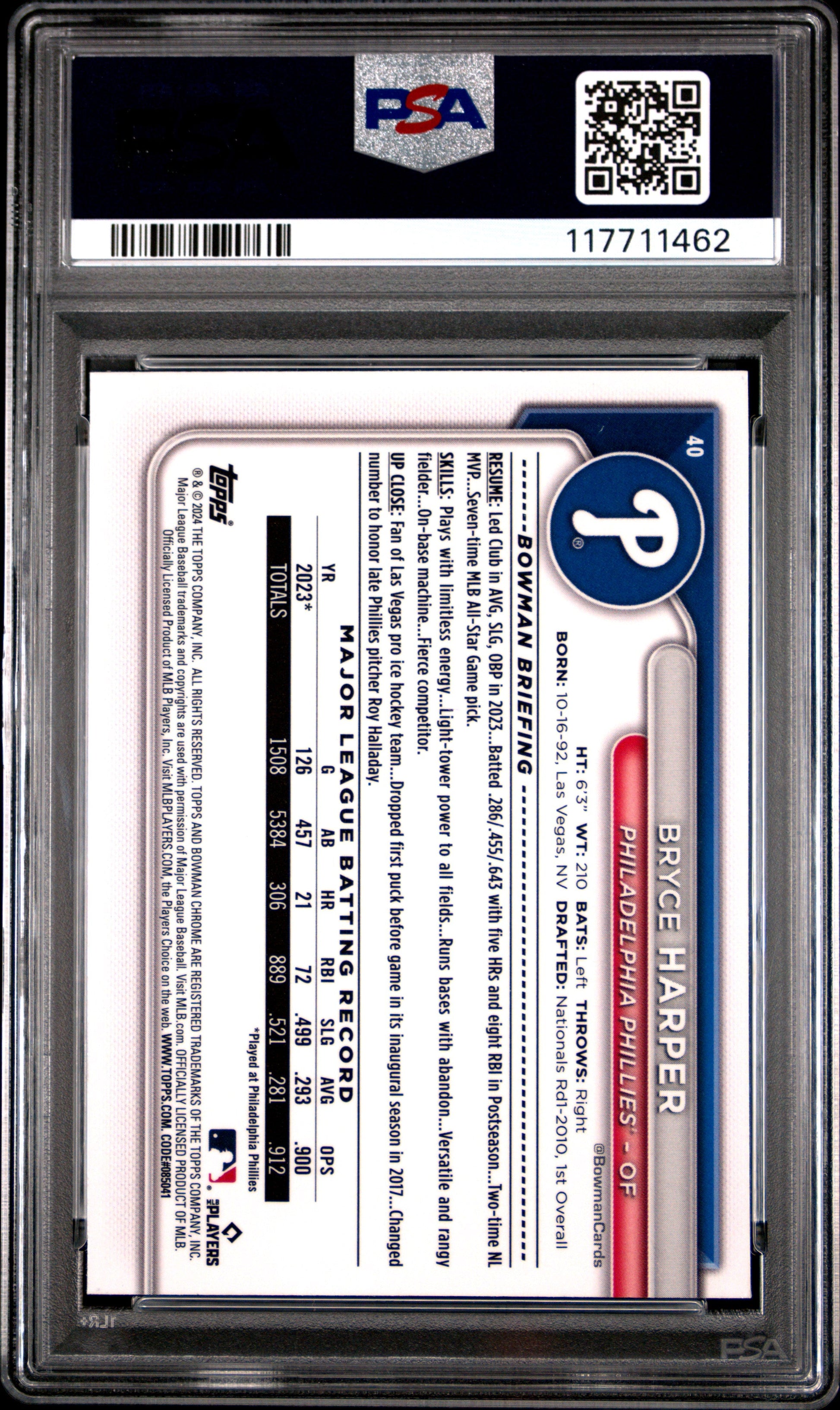 Graded 2024 Topps Bowman Chrome Bryce Harper #40 Baseball Card PSA 8 Near Mint