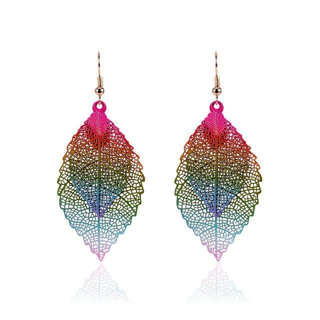 Rainbow Leaf Earrings Boho Dangle Filigree Lightweight