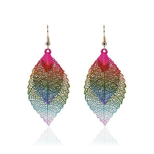 Rainbow Leaf Earrings Boho Dangle Filigree Lightweight