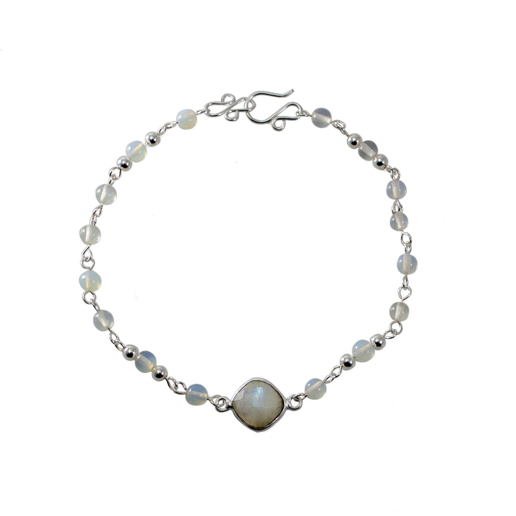 Rainbow Moonstone Opalite Beaded Bracelet Sterling Chain