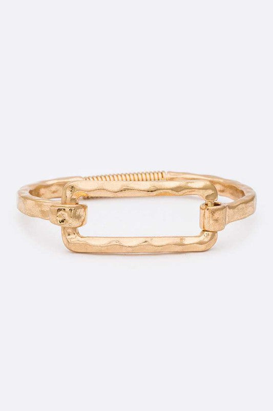 Rectangle Hammered Spring Bangle Gold Tone Bracelet