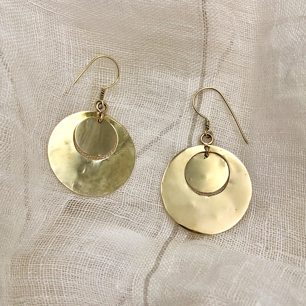 Recycled Bombshell Hammered Thin Flat Circle Earrings 2in Polished Handmade