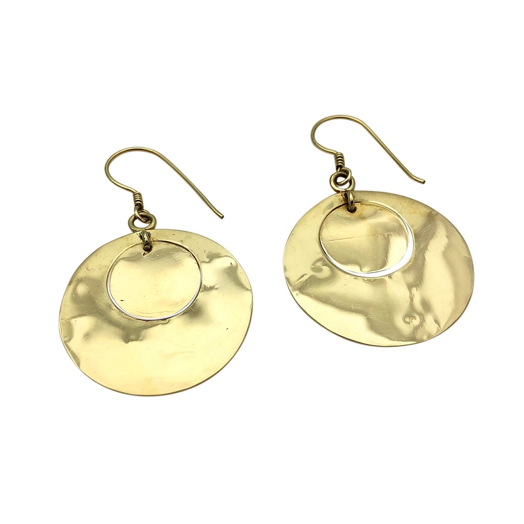 Recycled Bombshell Hammered Thin Flat Circle Earrings 2in Polished Handmade