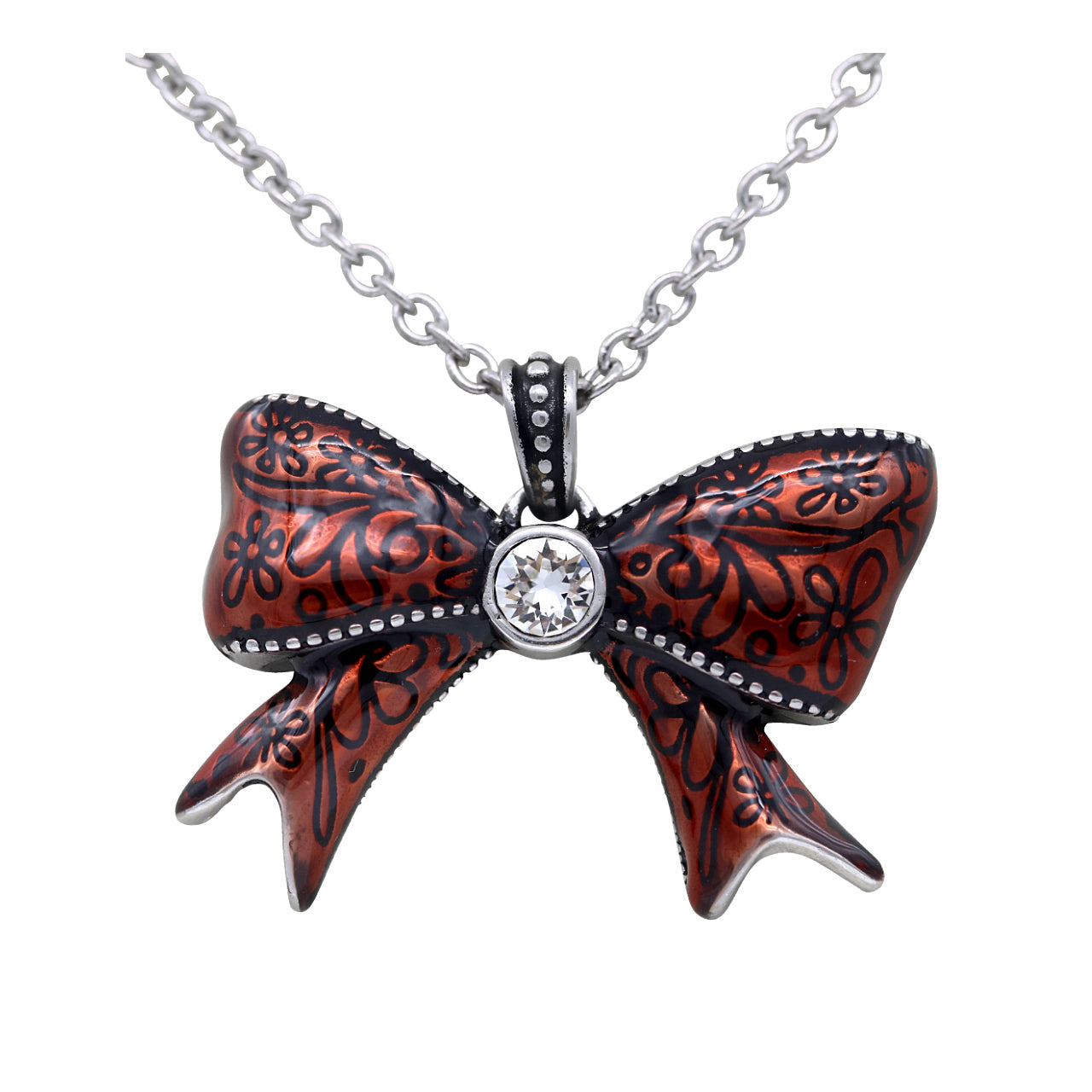 Red Bow Pendant Necklace With Crystal Accent Silver