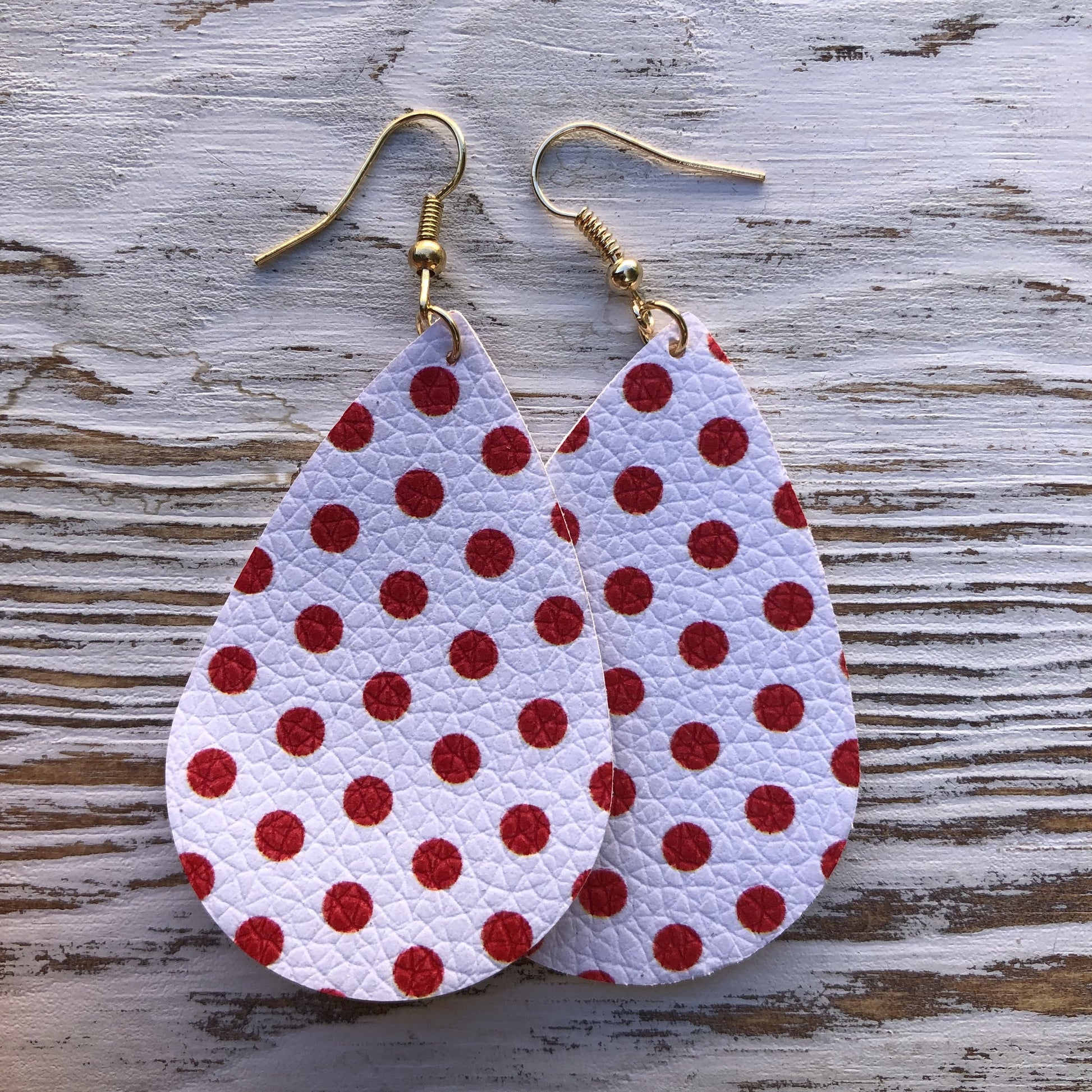 Red Polka Dot Leather Teardrop Earrings Handmade Light