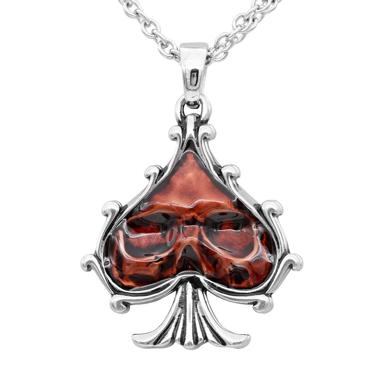 Red Spade Skull Pendant Necklace Gothic Stainless Steel