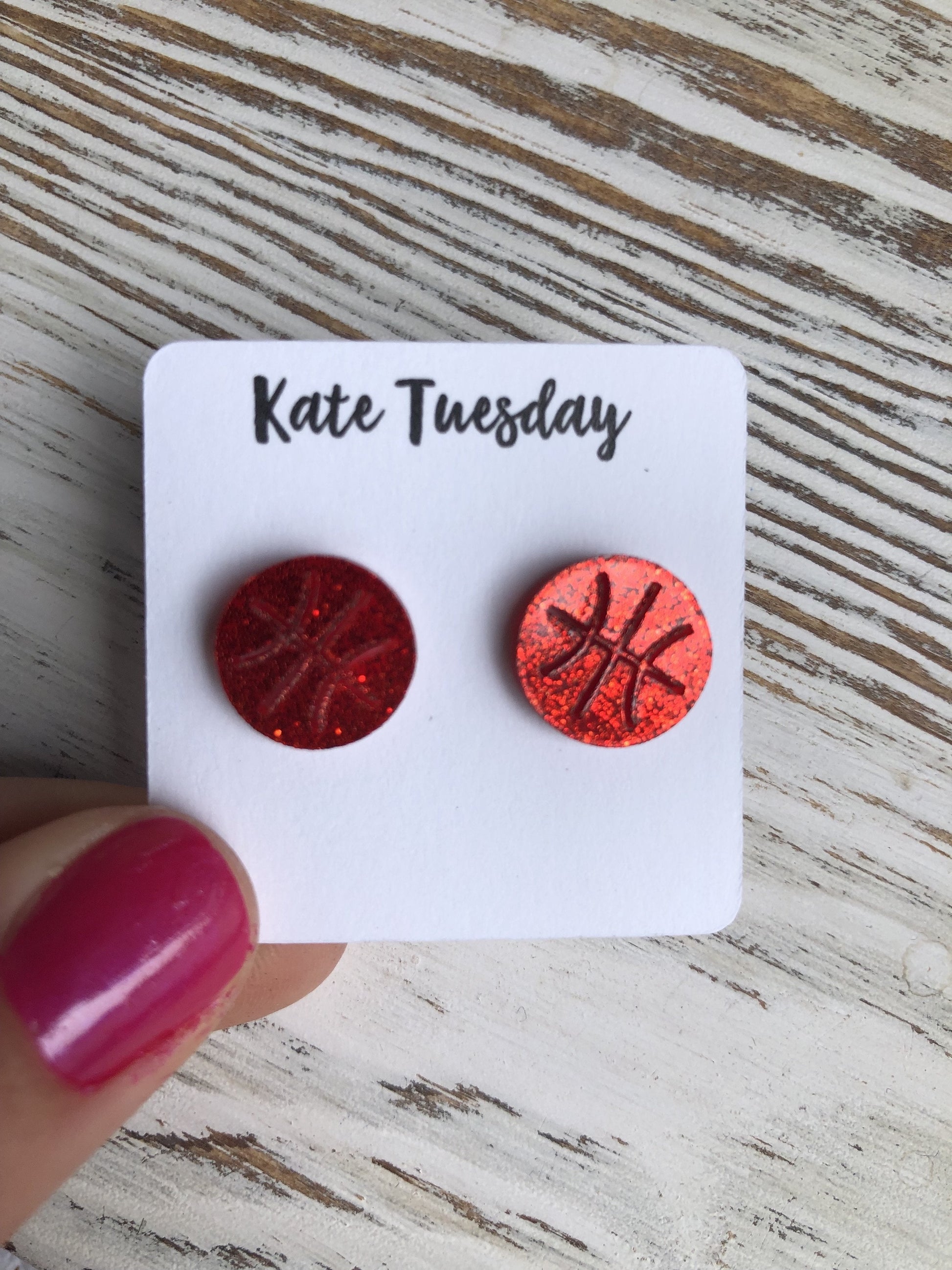 Red Sparkle Basketball Acrylic Stud Earrings Lightweight