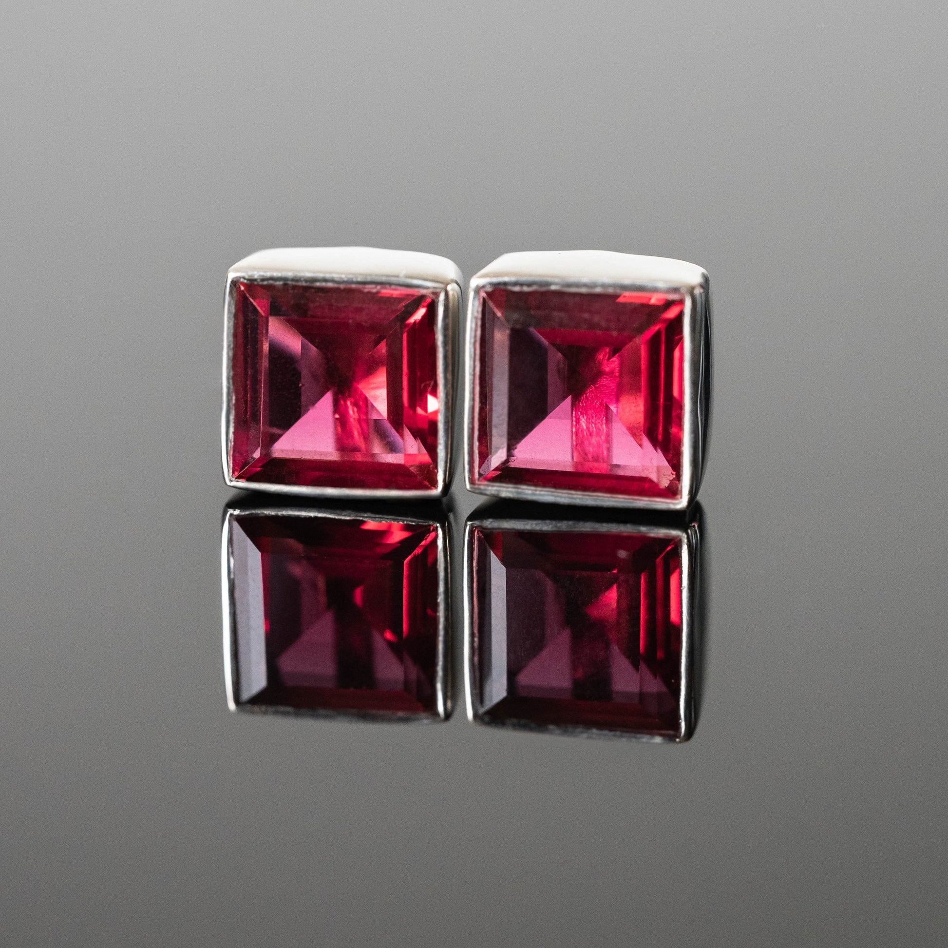Red Tourmaline Square Stud Earrings 8mm Sterling Silver