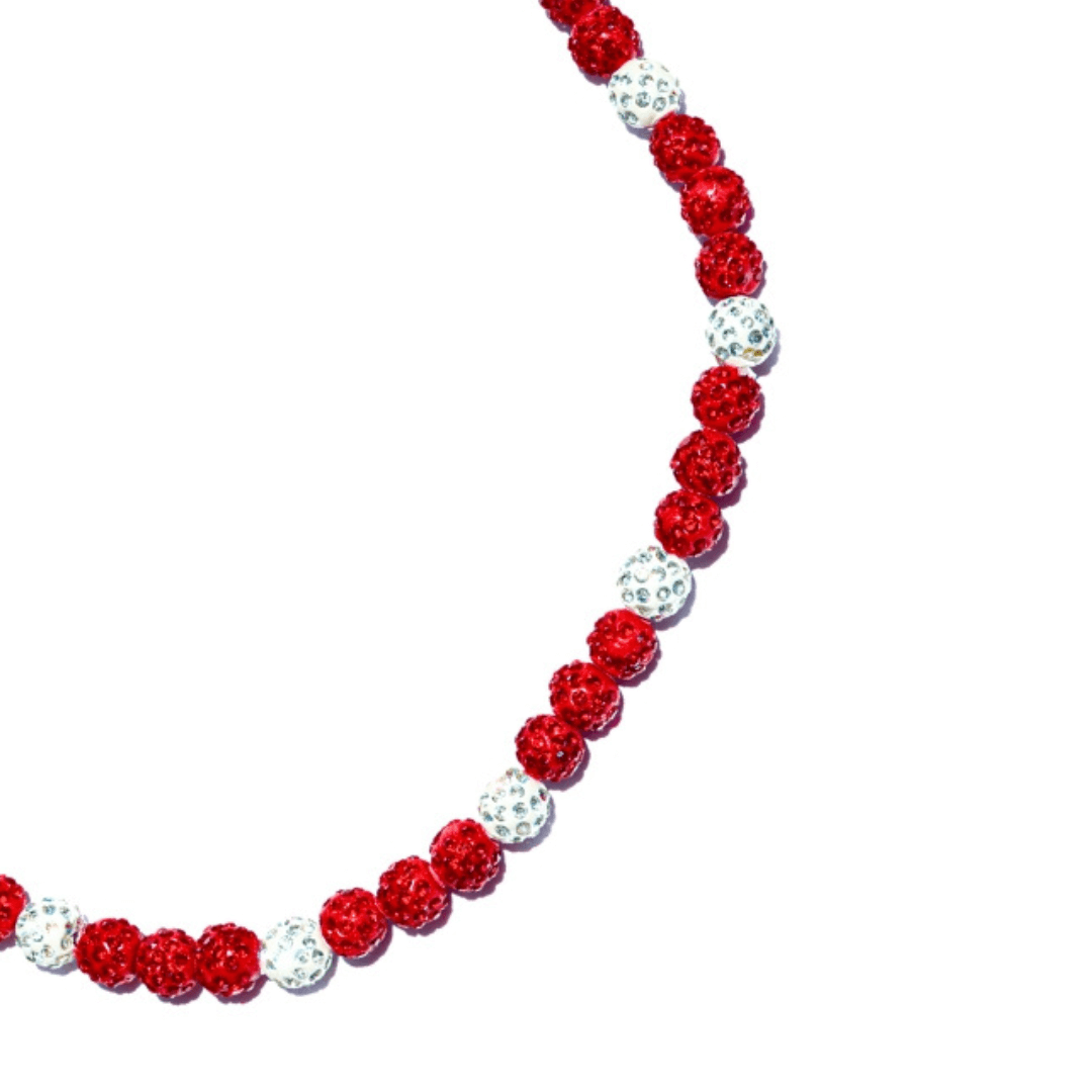 Red Zone Iced Out Baseball Bead Necklace | Red & White