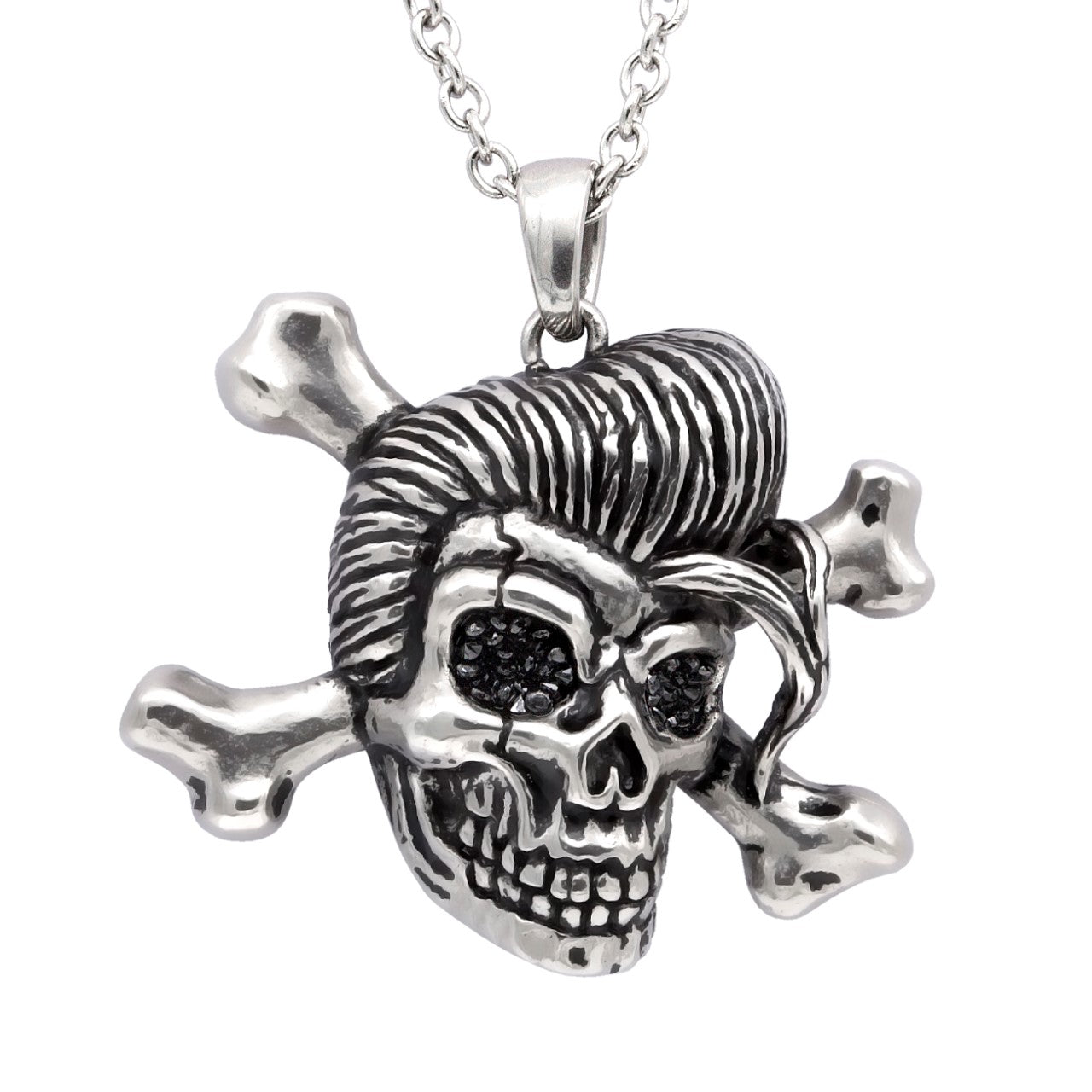 Rockabilly Skull Necklace Stainless Steel Black CZ Pendant