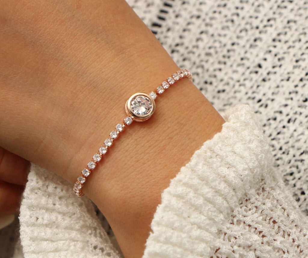 Rose Gold Crystal Tennis Bracelet With Center Solitaire