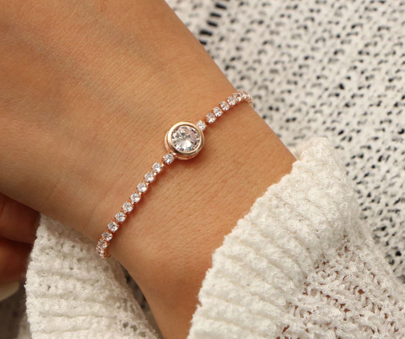 Rose Gold Crystal Tennis Bracelet With Center Solitaire