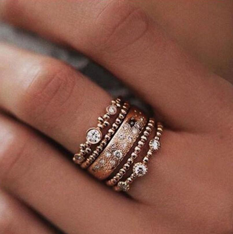 Rose Gold Five Piece Stackable Ring Set With CZ Accents