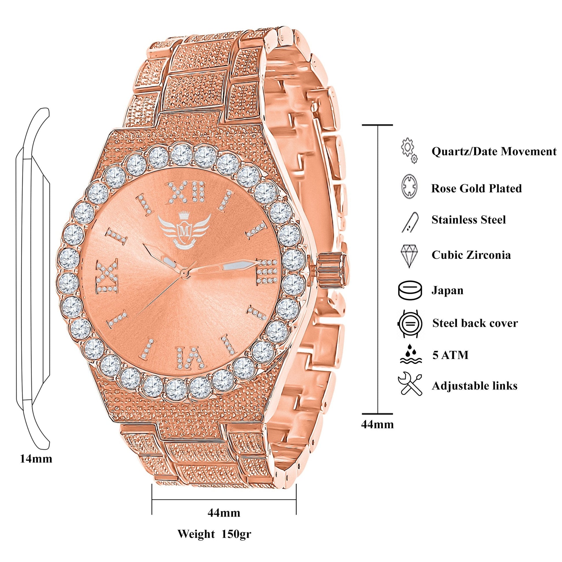 Rose Gold Hip Hop Watch Crystal Bezel Iced Out Roman Dial