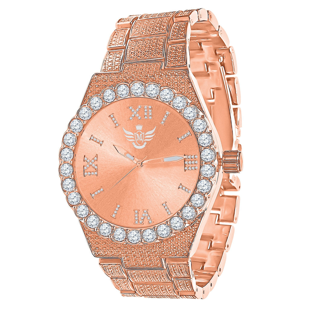 Rose Gold Hip Hop Watch Crystal Bezel Iced Out Roman Dial