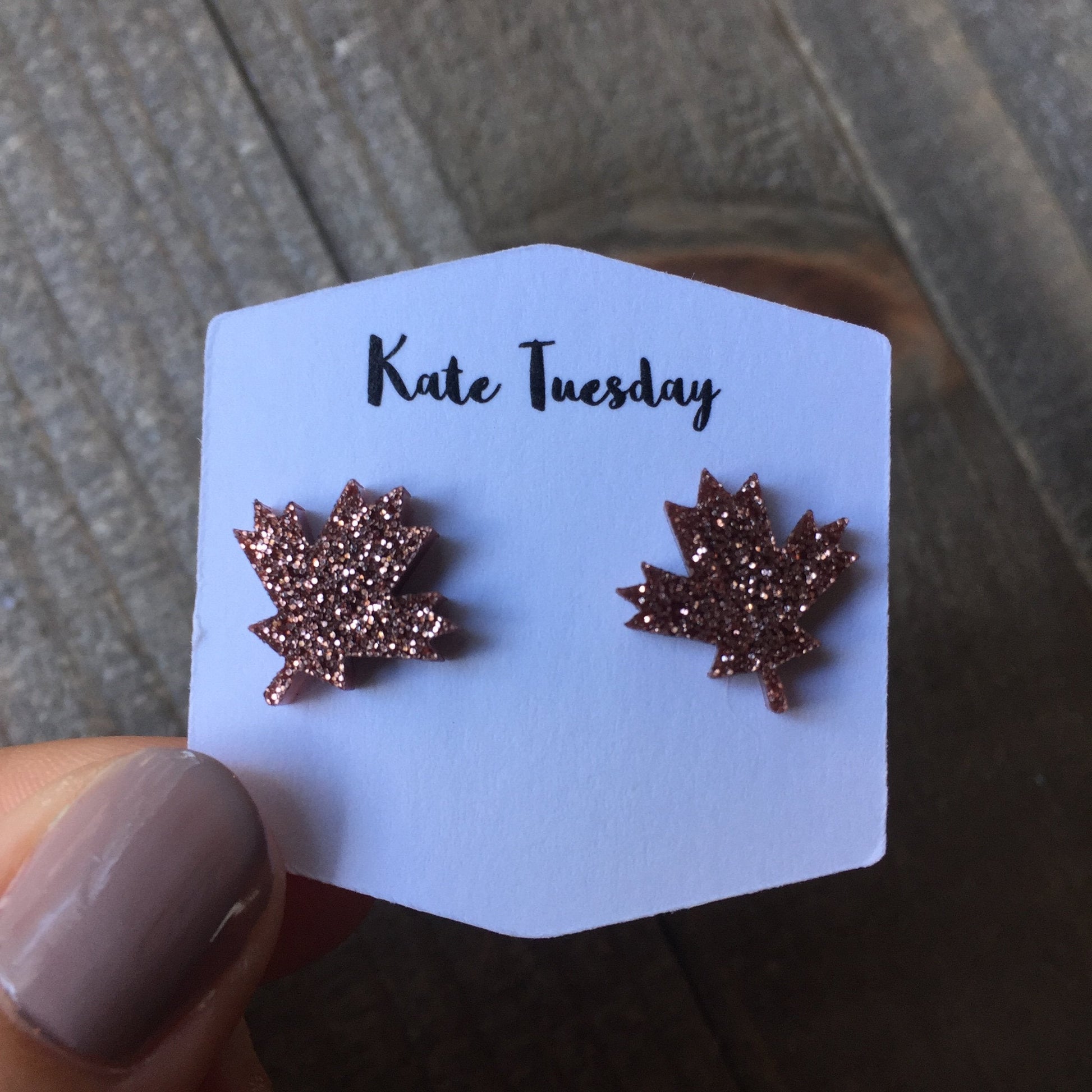 Rose Gold Sparkle Maple Leaf Acrylic Stud Earrings Pair