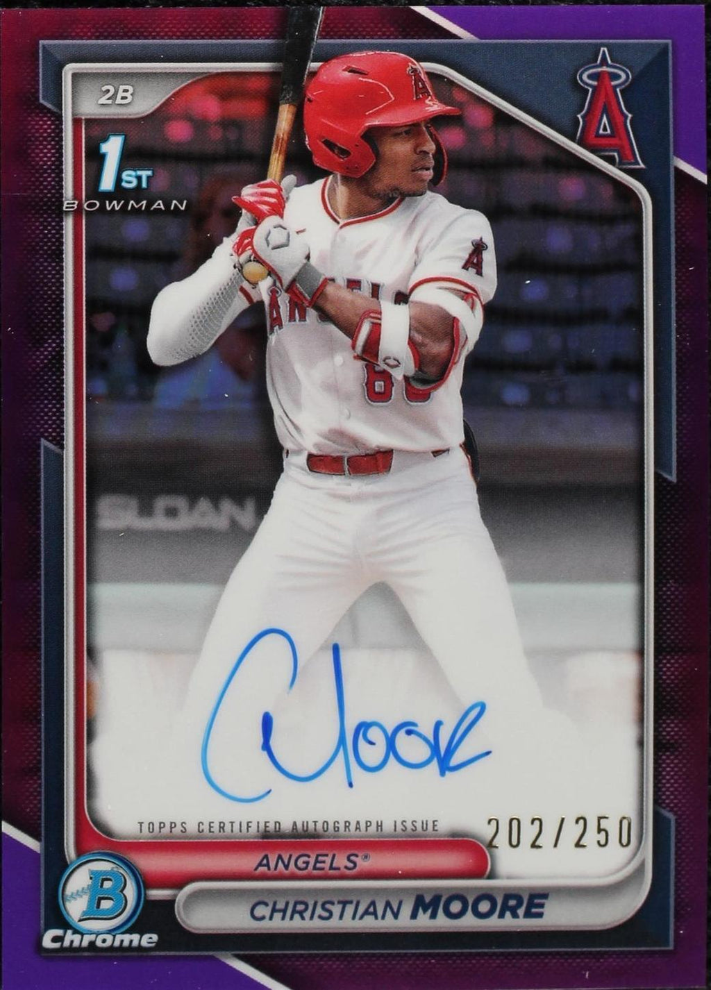 24 Bowman Draft Christian Moore Chrome Auto Purple Refractor 1st #103/250 PSA 10