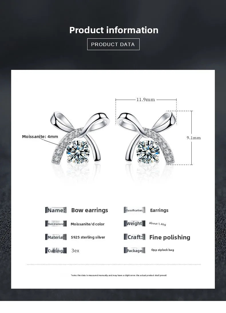 S925 Sterling Silver Moissanite Stud Earrings 0.5ct×2 Bow Fringe Dangle Women