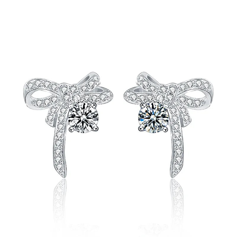 S925 Sterling Silver Moissanite Stud Earrings 0.5ct×2 Bow Fringe Dangle Women