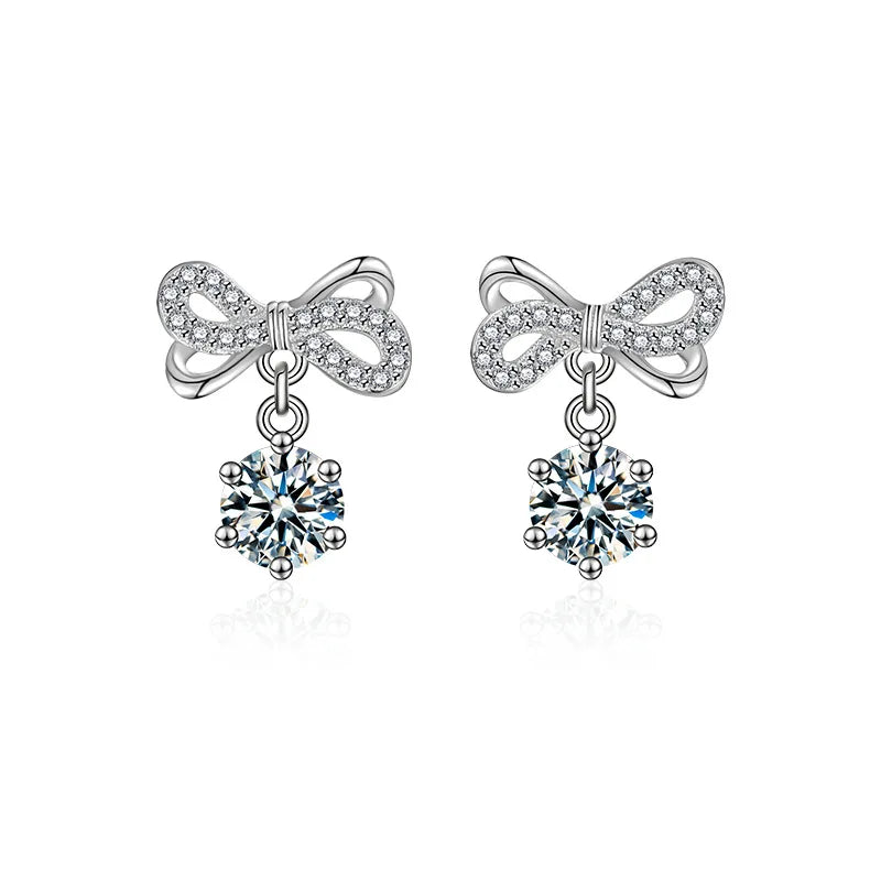 S925 Sterling Silver Moissanite Stud Earrings 0.5ct×2 Bow Fringe Dangle Women