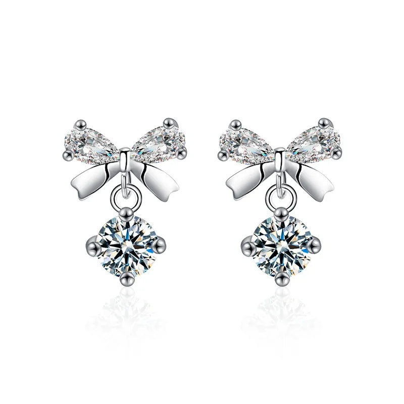S925 Sterling Silver Moissanite Stud Earrings 0.5ct×2 Bow Fringe Dangle Women