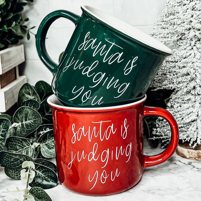 Santa Is Judging Mug 14.5oz Ceramic Campfire Style Holiday Coffee Mug Red Or Green Double Sided