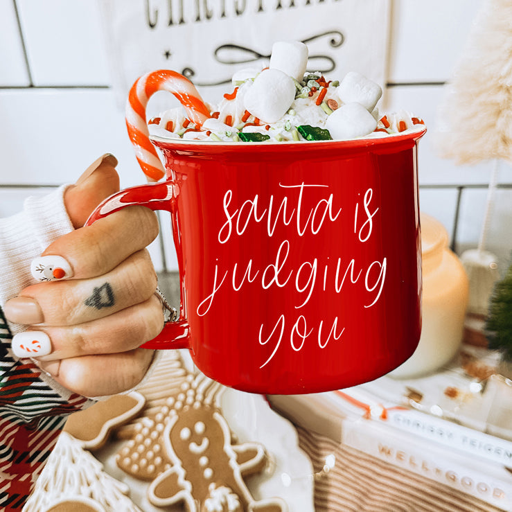 Santa Is Judging Mug 14.5oz Ceramic Campfire Style Holiday Coffee Mug Red Or Green Double Sided