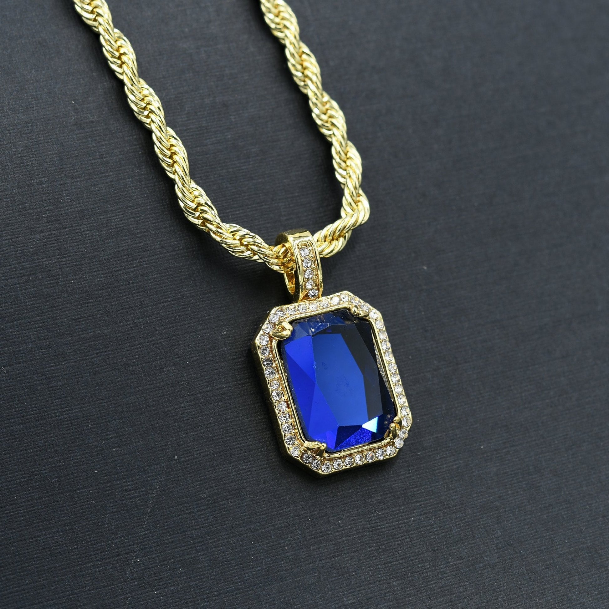 Sapphire CZ Rectangular Pendant Gold Rope Chain Necklace