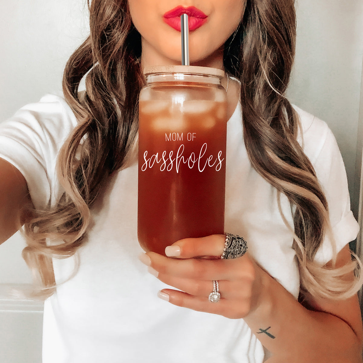 Funny Mom 17oz Glass Tumbler With Bamboo Lid, 2 Stainless Straws and Cleaner