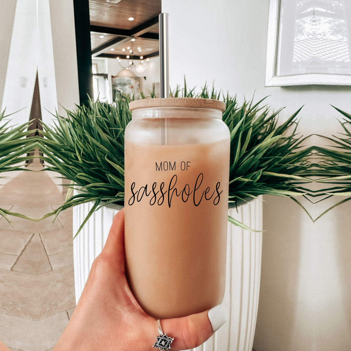 Funny Mom 17oz Glass Tumbler With Bamboo Lid, 2 Stainless Straws and Cleaner
